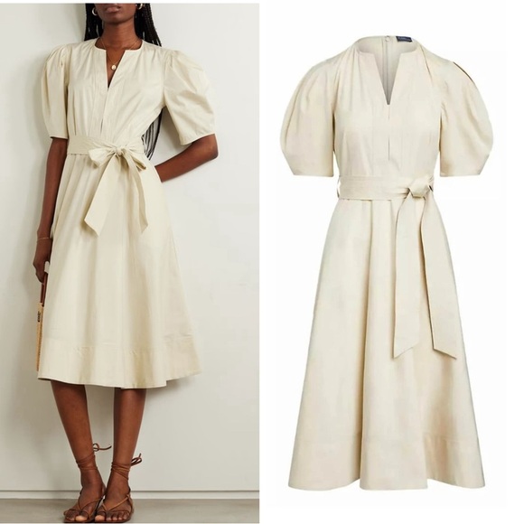 Polo Ralph Lauren Dresses & Skirts - Polo Ralph Lauren Puff Sleeve Belted Midi Dress Fit Flare Cotton Poplin Beige 4